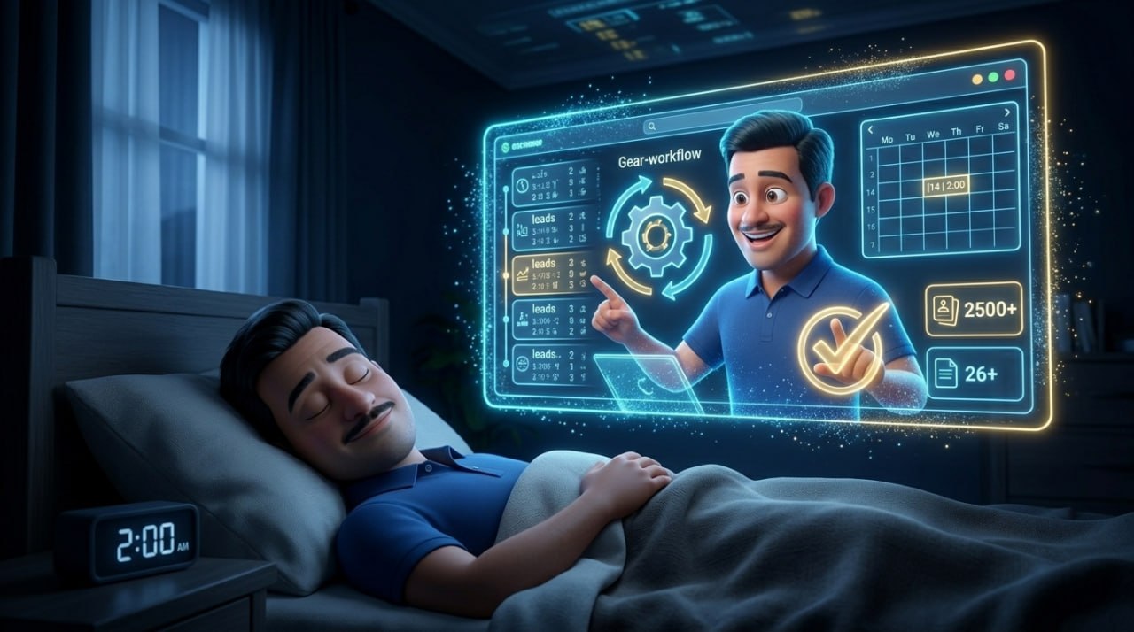 Business owner sleeping at 2 AM while a glowing dashboard shows AI-managed leads and bookings coming in — the AI employee works while you rest